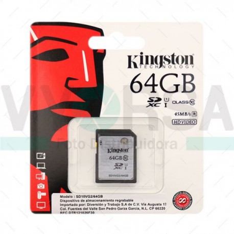 Tarjeta de Memoria KINGSTON SDHC 64GB Clase 10 45MB/S R