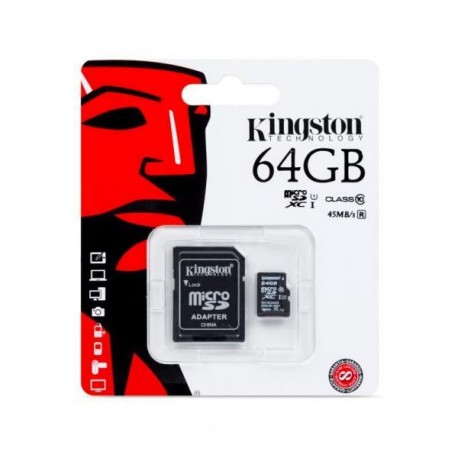 Tarjeta de Memoria KINGSTON Micro SD 64GB Clase 10 Con Adaptador