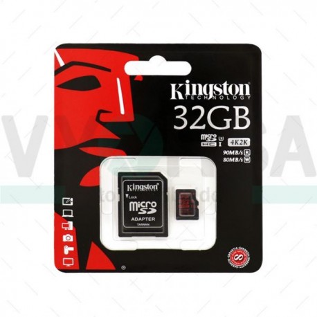 Tarjeta de Memoria KINGSTON Micro SD 32GB 4K Con Adaptador 90MB/S R