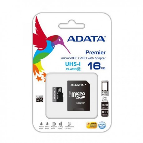 Tarjeta de Memoria ADATA Micro SDHC 16GB con Adaptador Clase 10